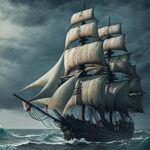 sailing frigate in a stormy sea
