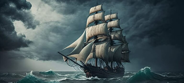 sailing frigate in a stormy sea